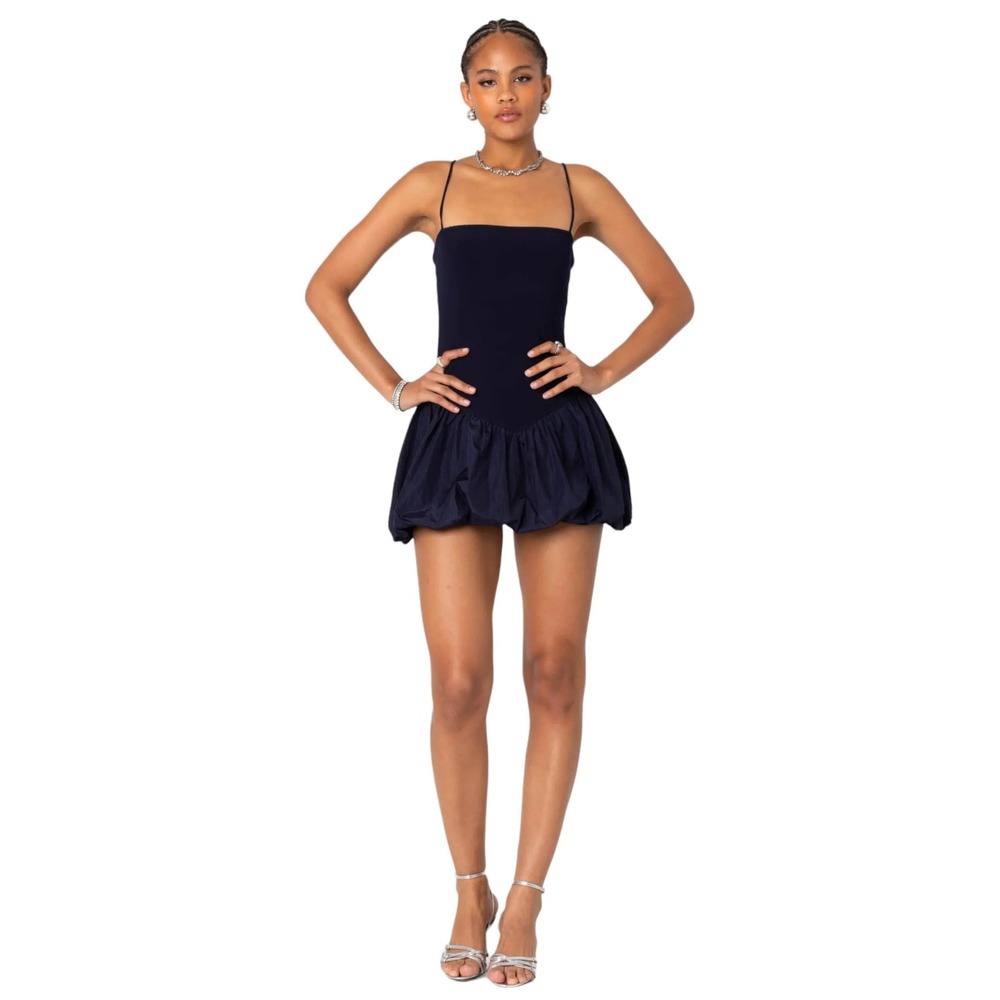 Edikted Navy Solid Mini Bubble Hem Dress, Medium